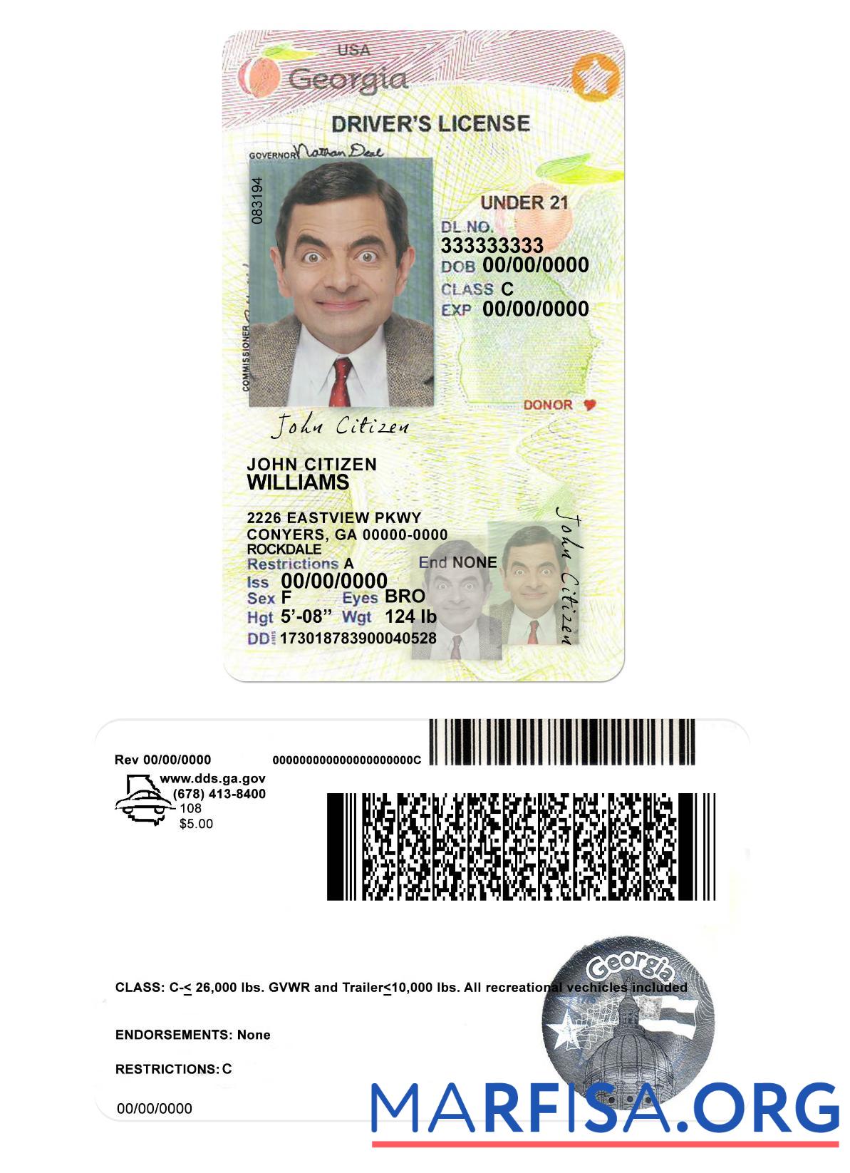 Downloadable USA Georgia driving license under 21 2017 2019 sample